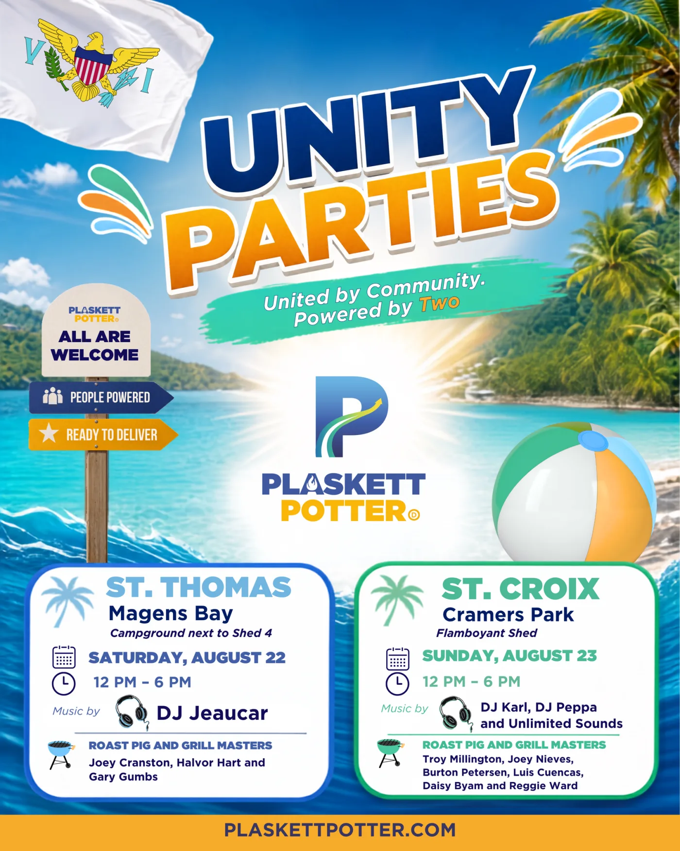Unity Parties flyer — the U.S. Virgin Islands flag flying over a turquoise bay with palm trees and a beach ball. United by Community, Powered by Two. Plaskett Potter — all are welcome.